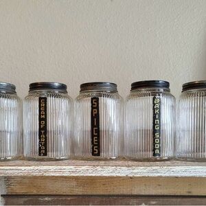 Set Of 5 Vtg Hoosier Glass Ribbed Shaker Storage Containers Cloves Spices 1930’s
